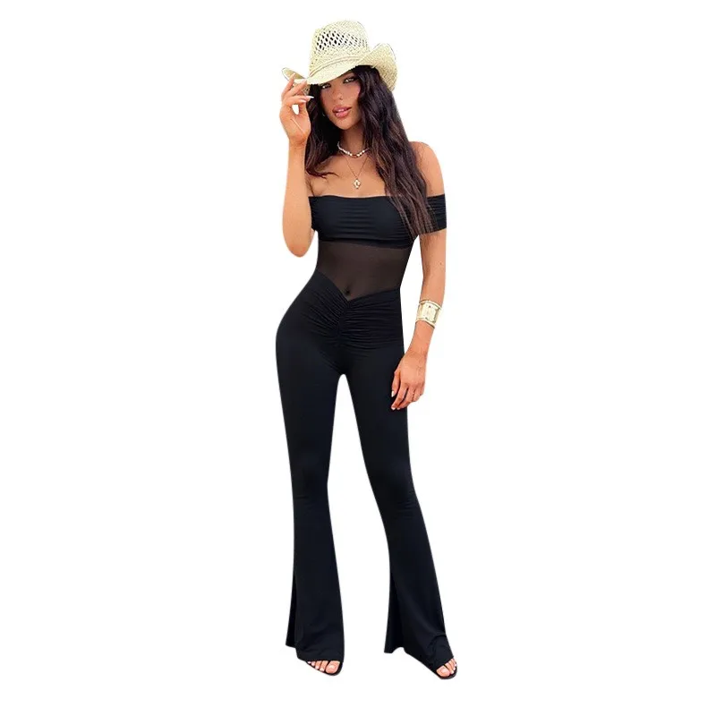 2025 Solid Color Jumpsuits Woman Bodycon jumpsuit Mesh Patchwork Perspective Pleated One Line Neck Off Shoulder Hot Girl Sexy
