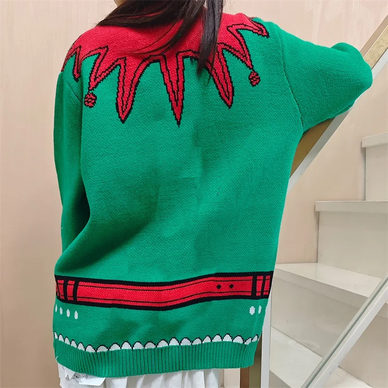 Women Christmas Knit Sweater Santa Pattern Long Sleeve Round Neck Pullovers Fall Winter Casual Jumpers Tops