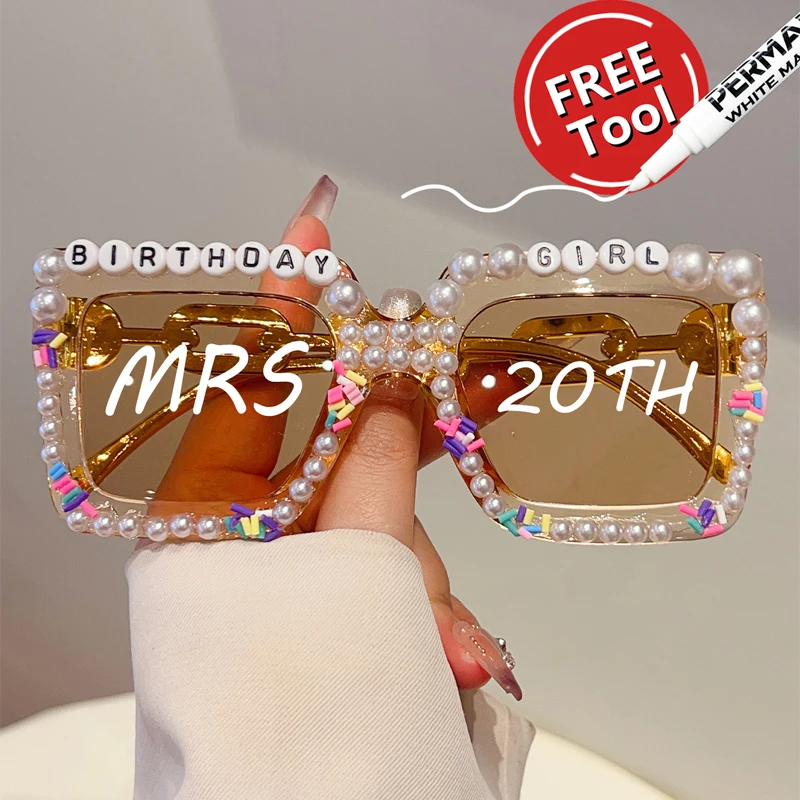KAMMPT DIY quadratische Sonnenbrille mit Perlen, Damenmode, übergroße Sonnenbrille als Geburtstagsgeschenk, trendige, originelle, handgefertigte Sonnenbrille