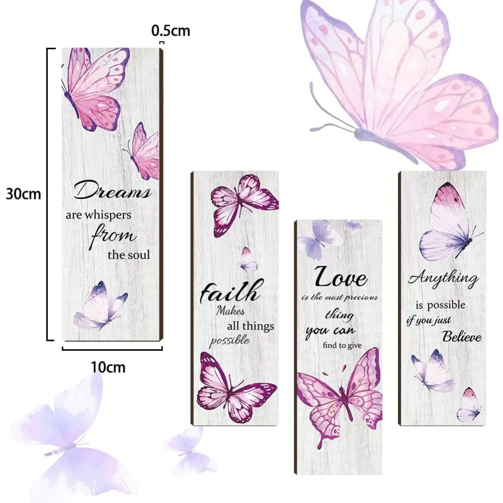 4 Pcs Pink Butterfly Wooden Wall Sign, Dreams Faith Love Believe Wall Decor Inspirational Wall Art for Women Room Decor Wedding