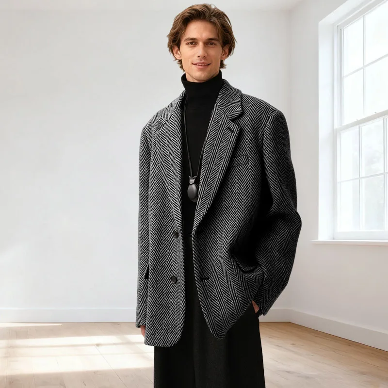 

Осенний мужской костюм, пальто, серый однобортный пиджак с узором «елочка», корейский повседневный элегантный костюм больших размеров, настраиваемый пиджак