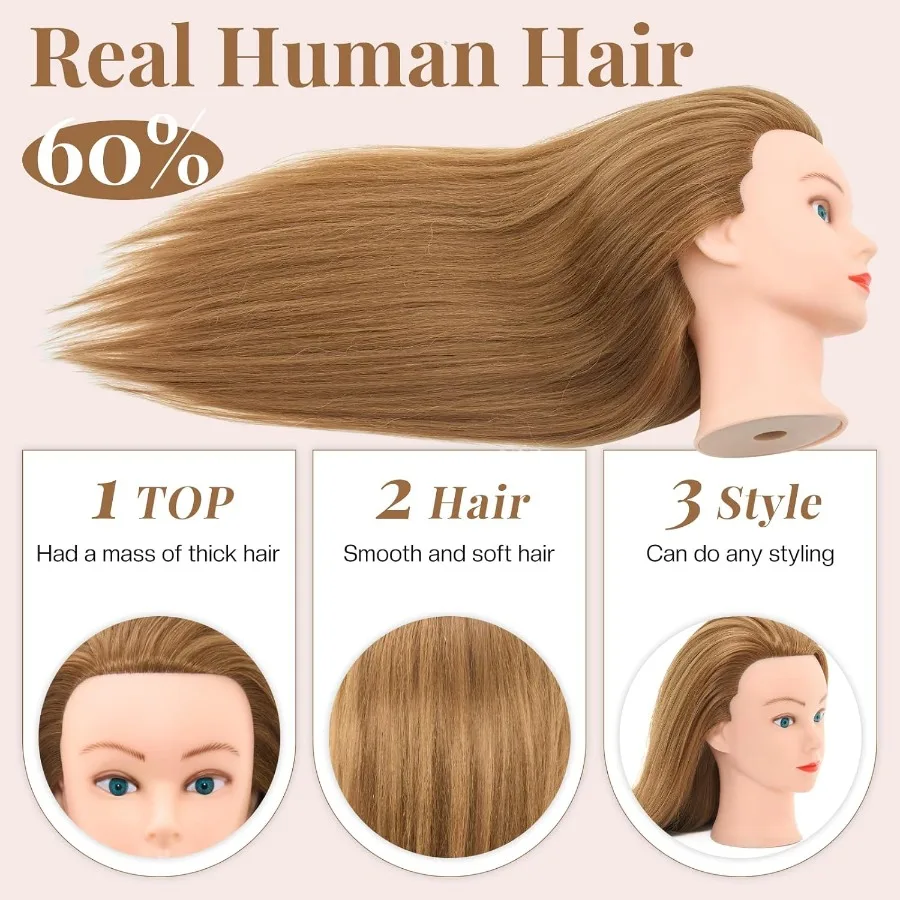 رأس عارضة أزياء للشعر الحقيقي مقاس 28 بوصة 80 لتدريب التجميل وممارسة التصميم مثالية لتقنية تجديل وتجعيد الشعر والقطع