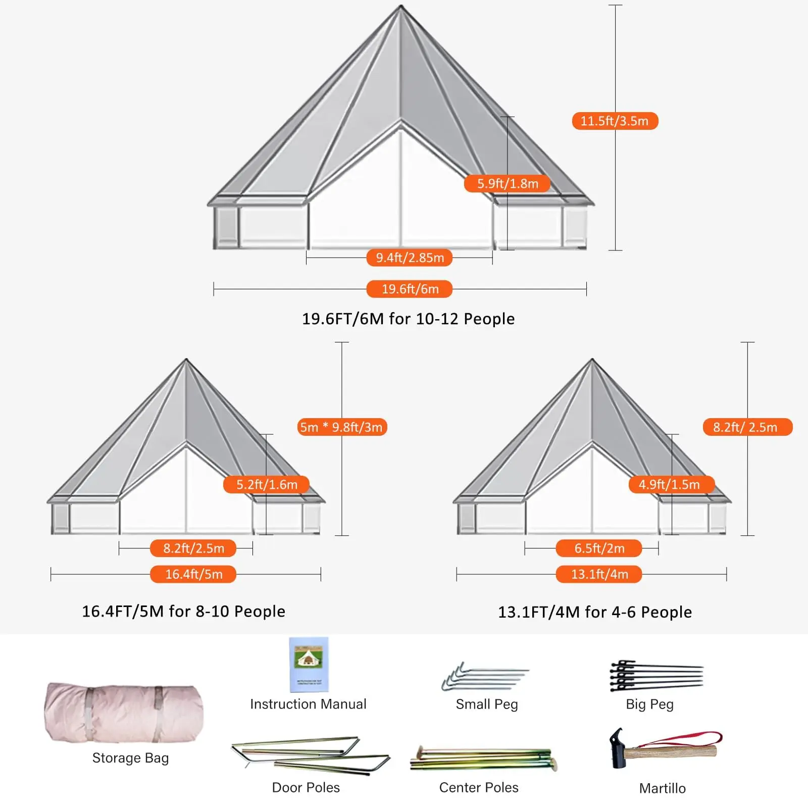 Canvas Bell Tent Screen House Tent Pop-Up for 2-10 People Portable Tent Camping Canopy with Vents Doors Carry Bag for Outdoor Ac