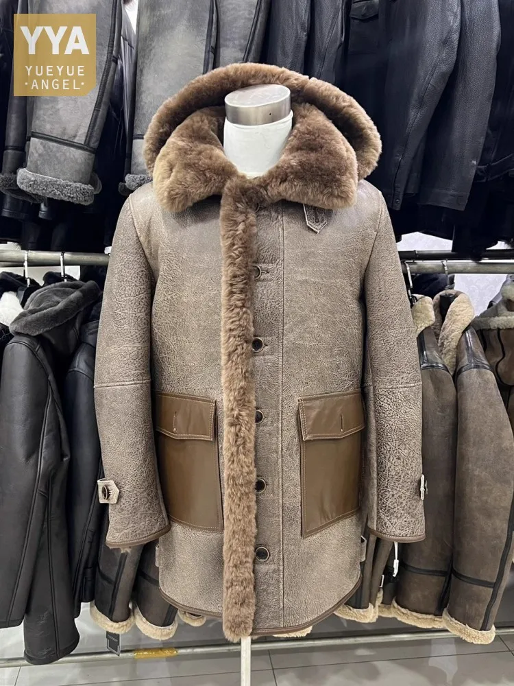 

Mens Winter Warm Real Fur Vintage Jacket Single Breasted Genuine Leather Long Coat Removable Hooded Thicken Shearling Overcoat