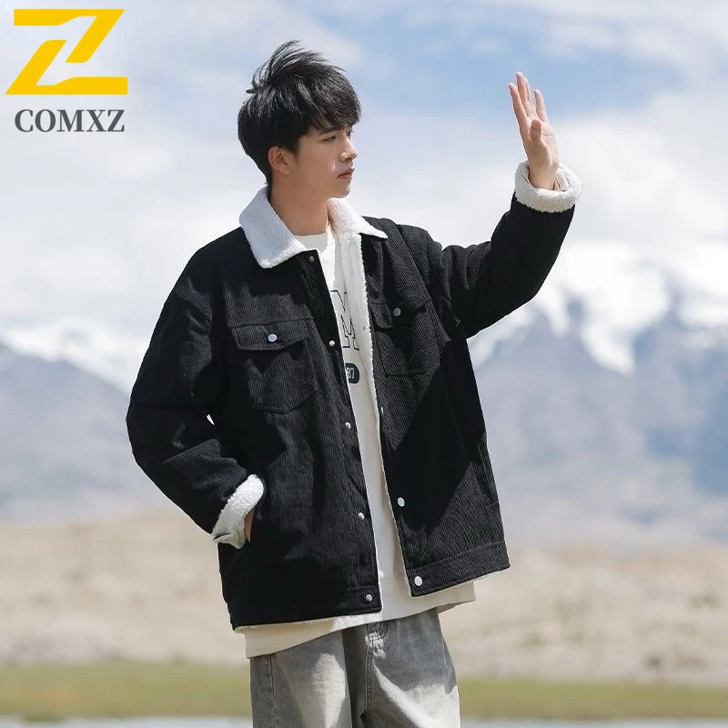 

COMXZ Мужская зимняя куртка в стиле лыжной поездки, теплая толстая конструкция, зимняя куртка из овечьей шерсти, уличный вид, ветрозащитное пальто больших размеров