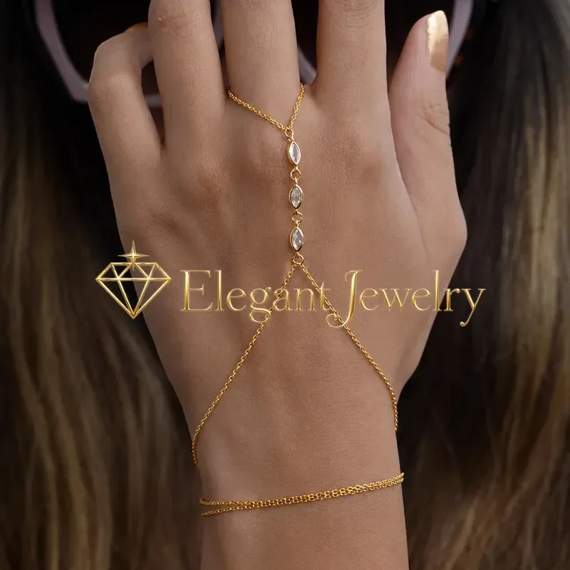 Luxury Silver Plated Single Row Horse Eye Rhinestone Finger Bracelet with Multi Level Diamond Encrusted Back Chain Simple