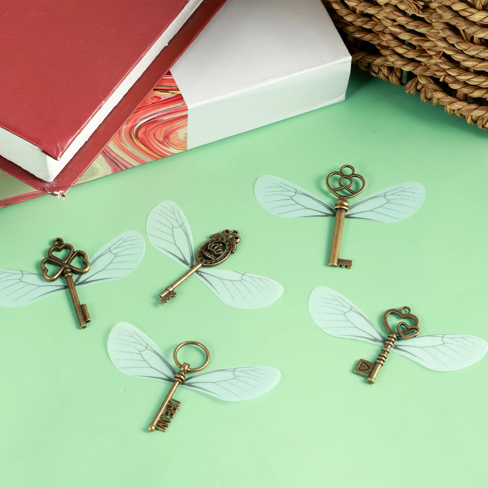 48 Pcs Vintage Skeleton Keys DIY Flying Keys Charms with 48 Pairs Dragonfly Wings and 30 Meters Crystal String Metal Antique