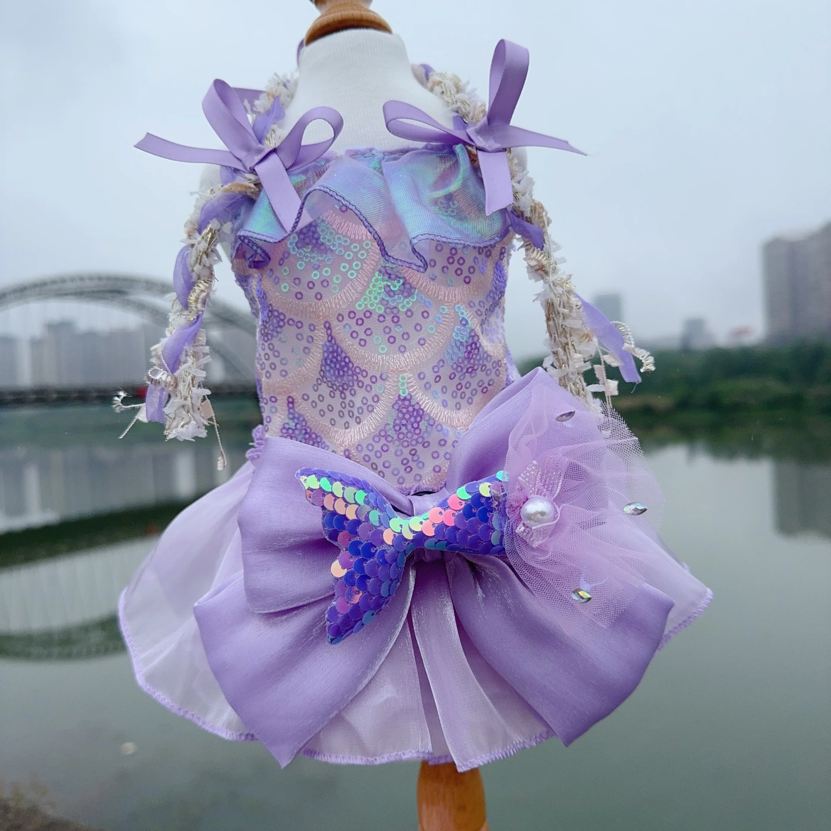 2024 Summer Luxury Pet Dog Clothes Purple Sequin Lace Bow Sling Princess Dress For Small Medium Dog Chihuahua Poodle Skirt XS-XL