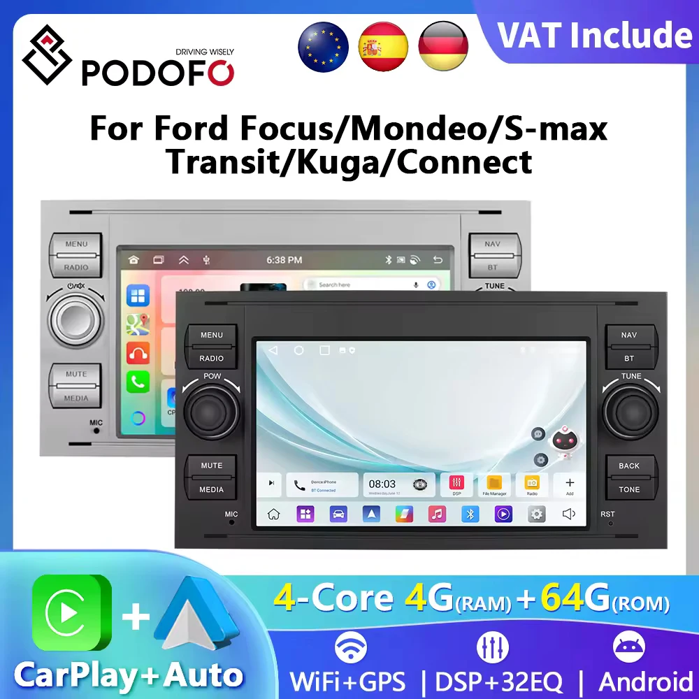 Podofo 7 Radio per auto Wireless CarPlay Radio Android per Ford Focus/Mondeo/S-Max Transit/Kuga Connect Multimedia GPS RDS Autoradio