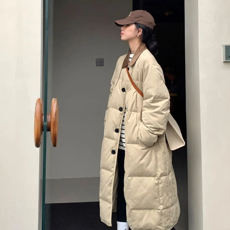 Korean Vintage Puffer Parka Women Contrast Collar Solid Color Thick Warm Loose Fit Long Winter Coat Casual Streetwear Outfit New