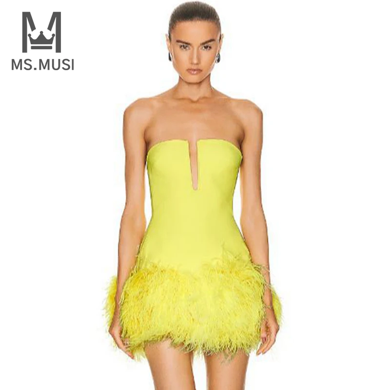 

MSMUSI 2023 New Fashion Designer Women Sexy Strapless Feather Sleeveless Backless Bandage Party Club Bodycon Event Mini Dress