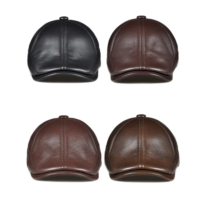 2023 High Quality Cowhide Real Leather Men Berets Cap Hat  Fashion Men's Real Leather Adult Keep Warm peaked cap