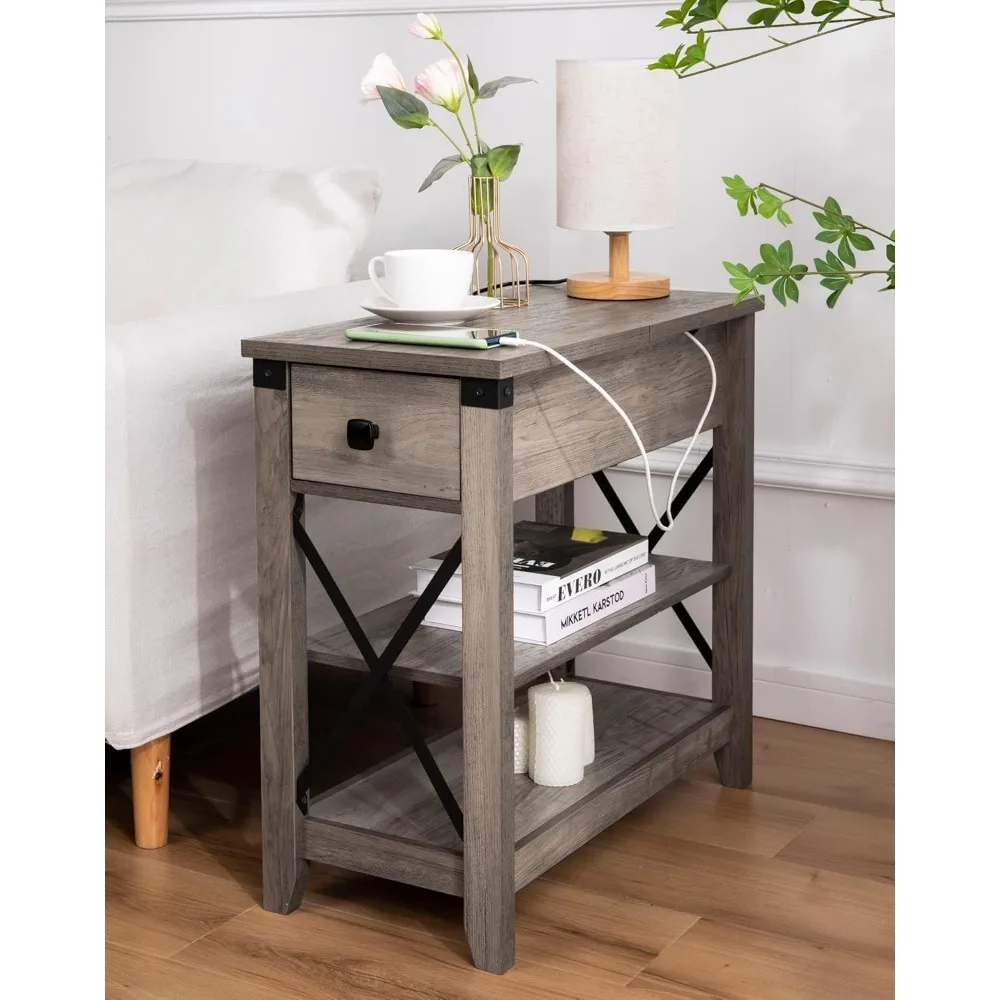 Narrow End Table with Charging Station - Farmhouse Slim Side Table Set of 2, w/USB Ports Power Outlets, Nightstand w/Flip Top St