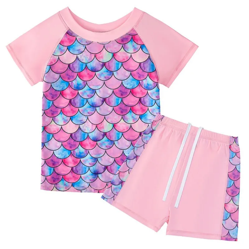 2PCS Fashion Swimming T-shirts Shorts Sets for Kids Girls Summer Cooling UV Protection Short Sleeves Top Shorts Set for Children