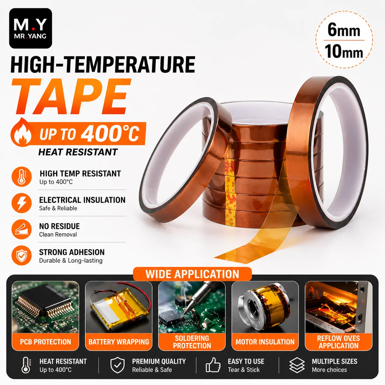 

YCS M.Y 6/10mm High Temperature Polyimide Tape for Phone PCB Circuit Board, Battery Wrap Protection & Insulation Repair Tool