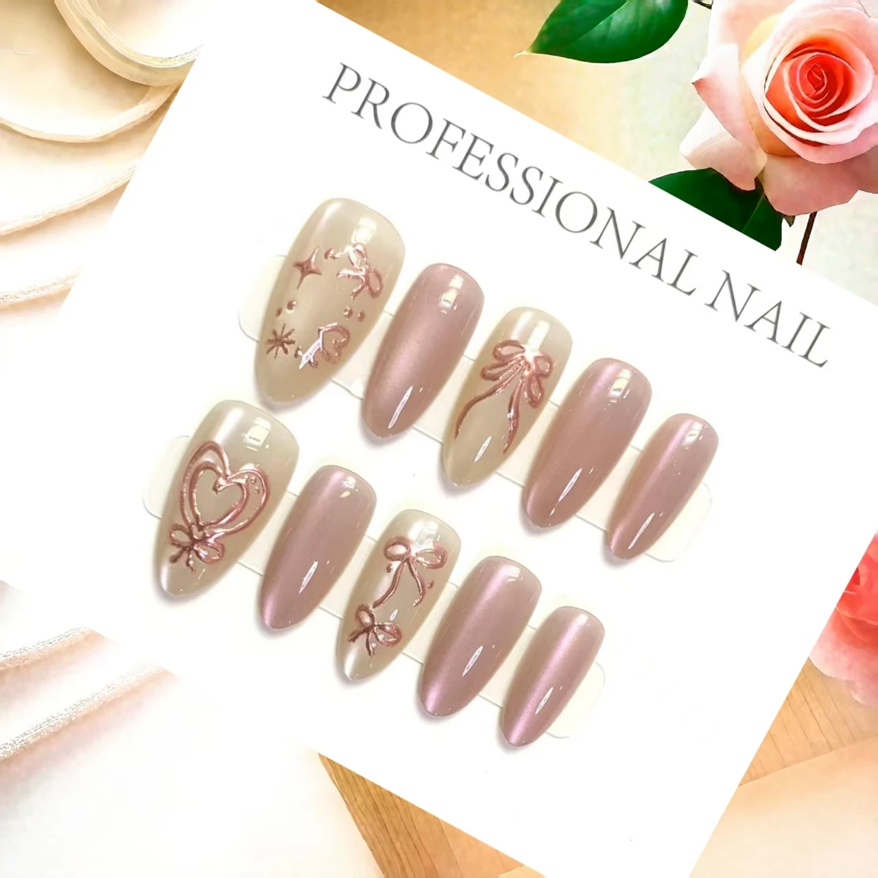 

10Pcs Almond Pink Sweetheart Press On Nails Handmade Simple Design for All Occasions With 4-PIECE Tools Nail Adhesive Tabs