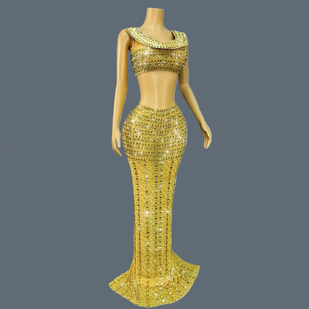 

Sparkly Crystals Crop Tops Long Skirt 2Pieces Set Luxury High-end Golden Evening Dress Event Pageant Women Outfit Huangjinxian