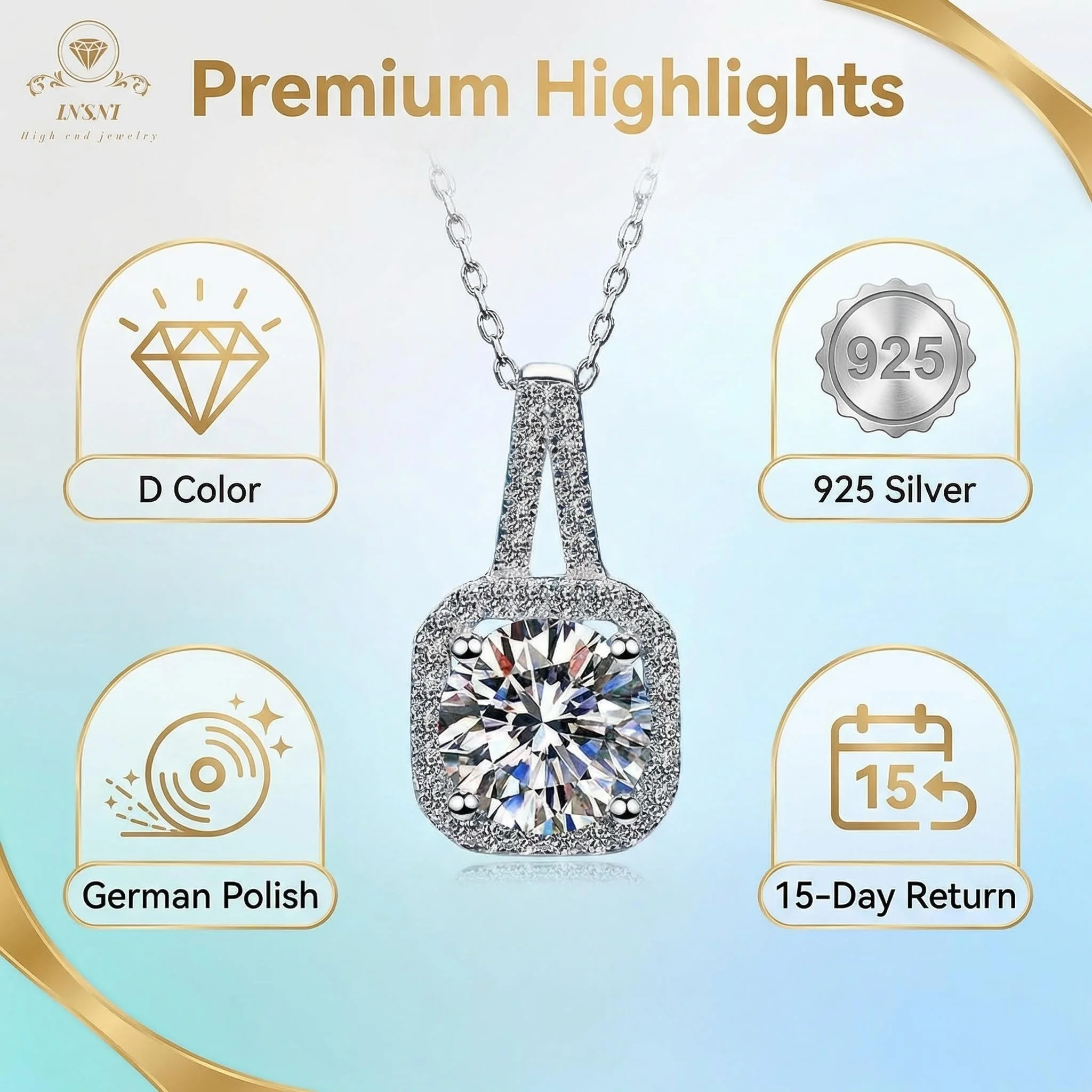 

0.5ct 1ct 2ct Princess Square Bag Micro-Inlaid Moissanite Pendant S925 Silver Plated Platinum Lockbone Chain Women's Necklace