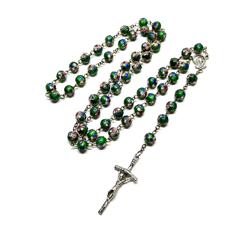 

Religious Pray Necklace Chain with Pendant Rosary Beads Cloisonne-copper