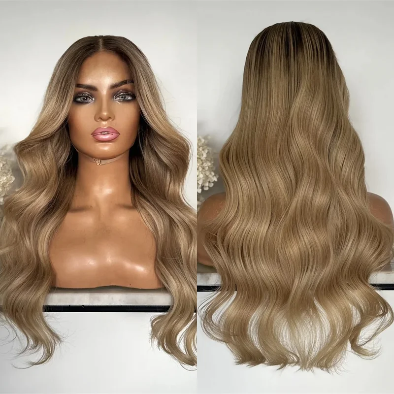 High Quality Women's Wig Ombre Blonde Brown Balayage Luxury Synthetic Lace Front Wig Glueless Natural Preplucked Hairline Wig