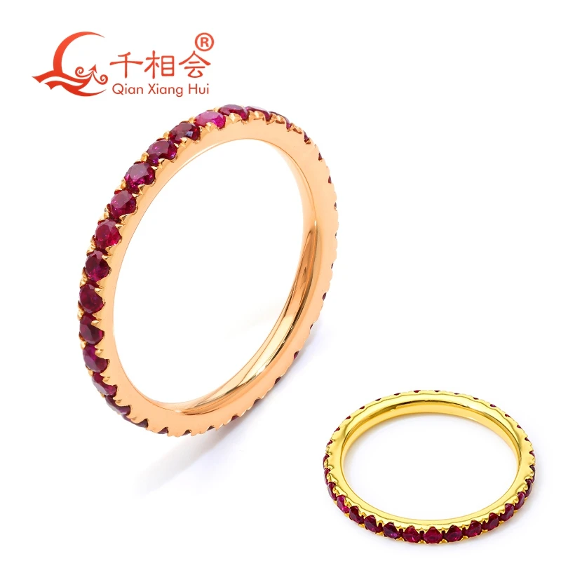 Rose gold yellow plated 2mm Pigeon blood red rose/Morganite pink lab grown ruby stone Full Eternity Ring Band 925 Silver Jewelry
