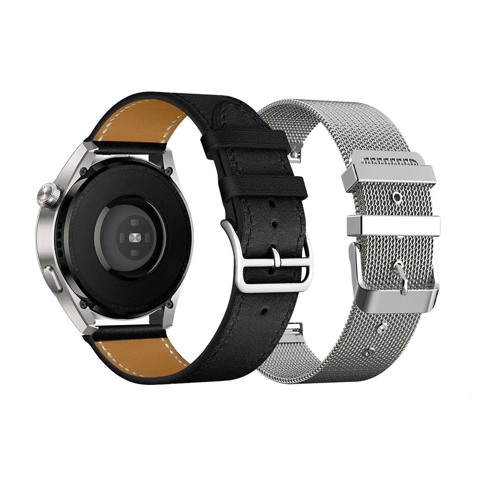 2pcs Stylish Bands for Huawei Watch 3/3 Pro/5/4/4 Pro/Buds/Ultimate/Ultimate 2 46mm One Leather Strap and One Metal Strap