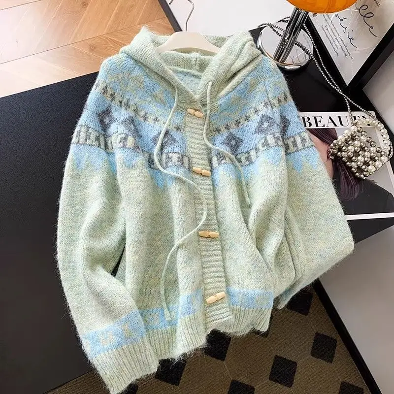 Preppy Vintage Nordic Women Hooded Knit Cardigan Fair Isle Geometric Jacquard Print Horn Toggle Buttons Loose Casual Outerwear