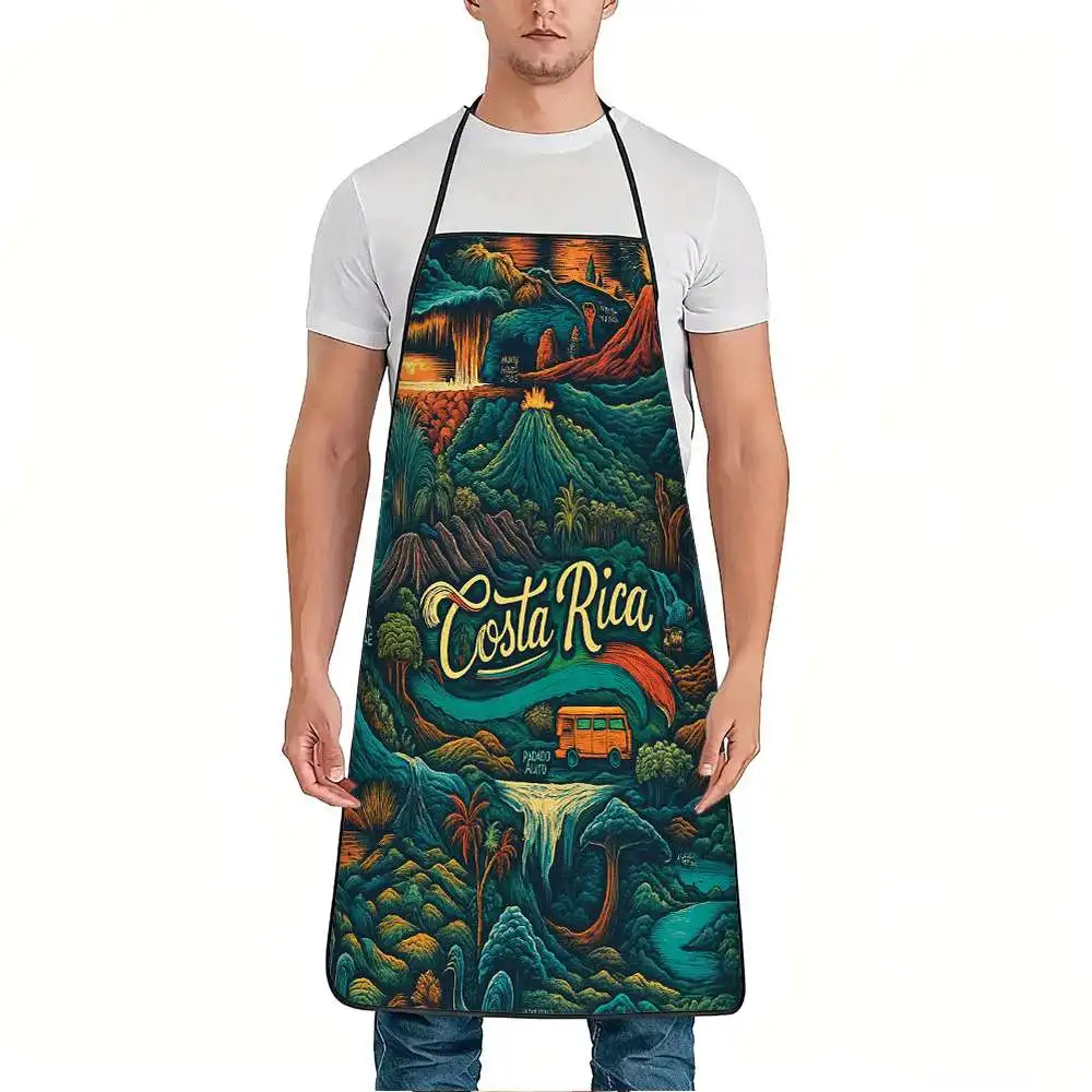 1pc 2D Costa Rica Themed Kitchen Apron, Arenal Volcano Jungle Pattern, Unisex Washable Apron with Adjustable Ties for Baking