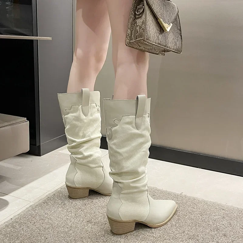 Buty damskie nowe modne buty dżinsowe damskie buty Vintage szpiczaste plisowane buty na platformie kolana wysokie Botas De Mujer 2024