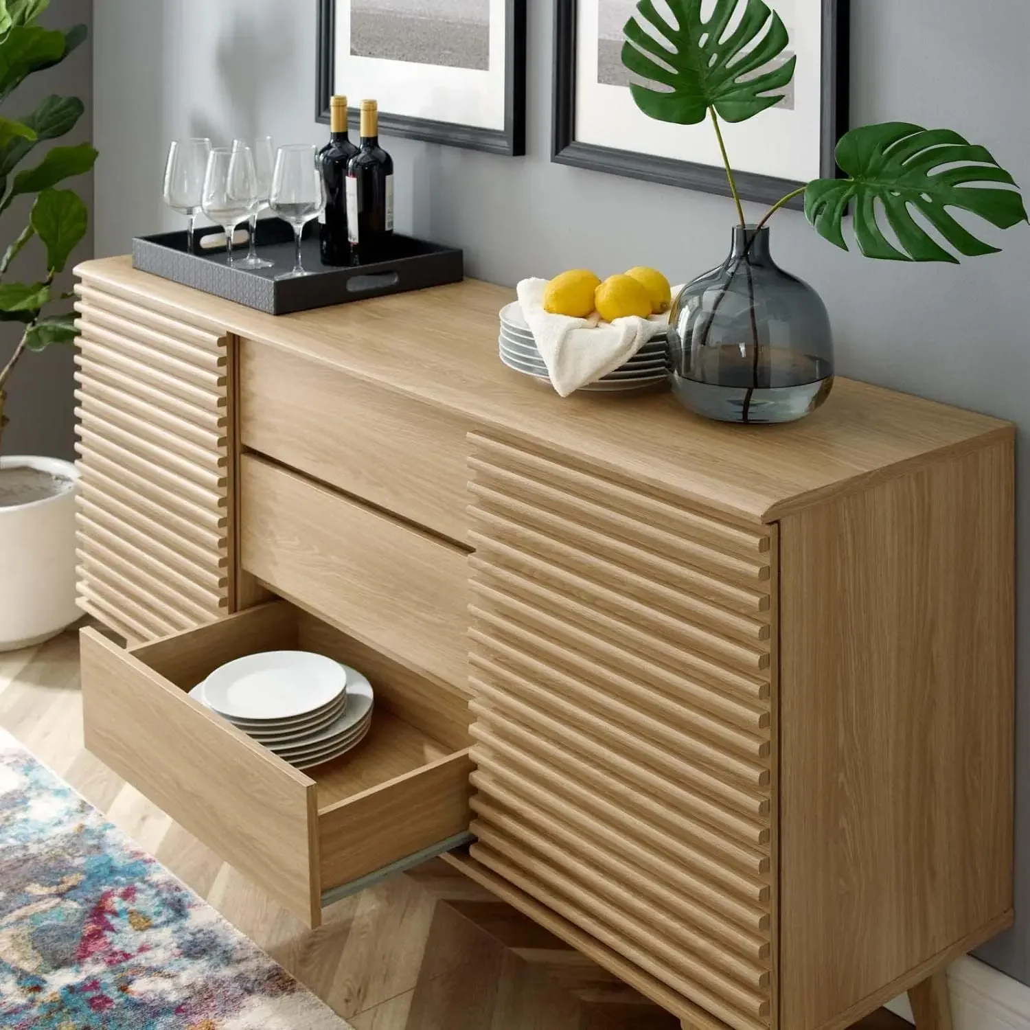 

Render 63" Mid-Century Modern Sideboard Buffet Table or TV Stand in Oak