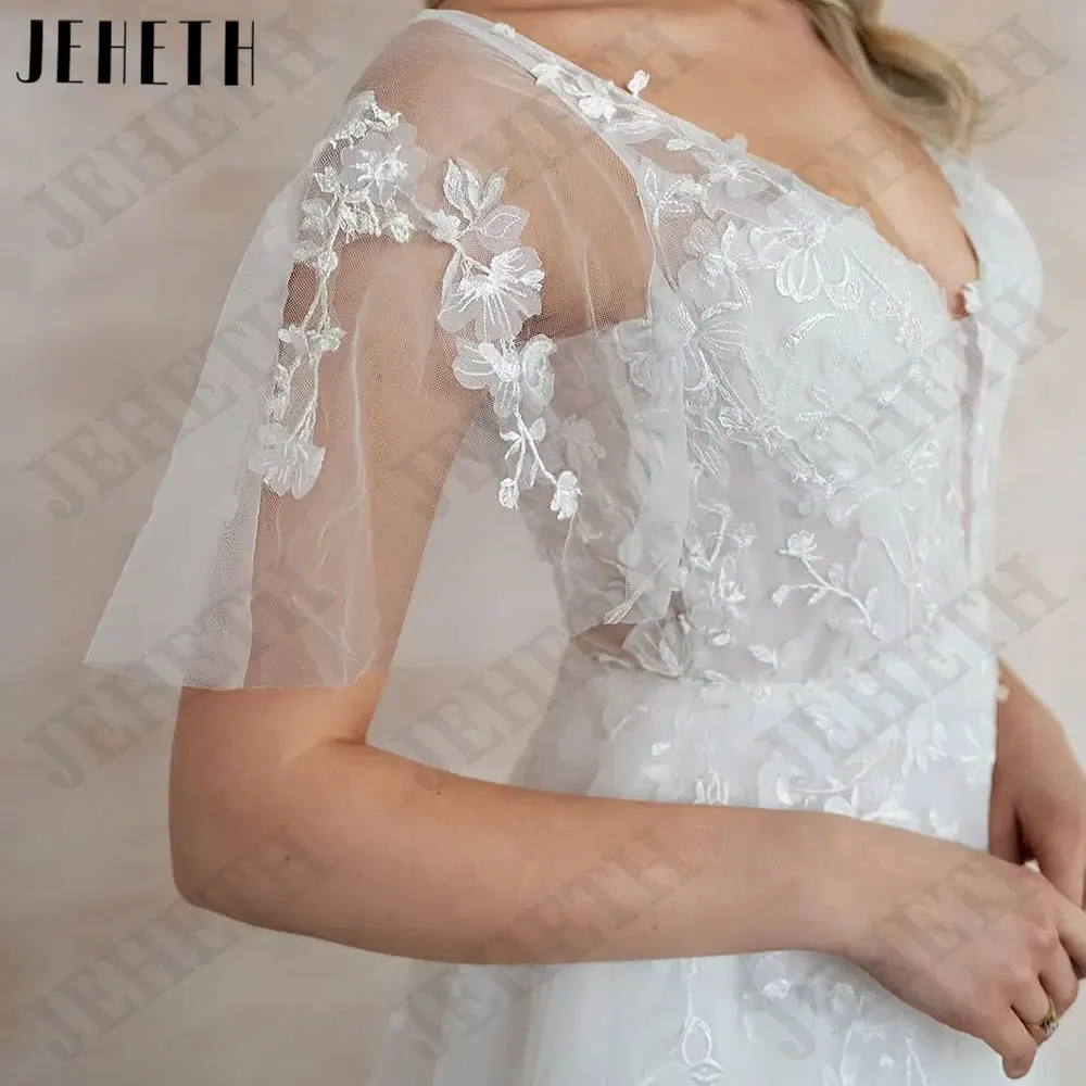 JEHETH Batwing Sleeve Appliques Wedding Dresses V-Neck Backless Bride Gown Button A-Line Tulle свадебное платье Custom Made 2024