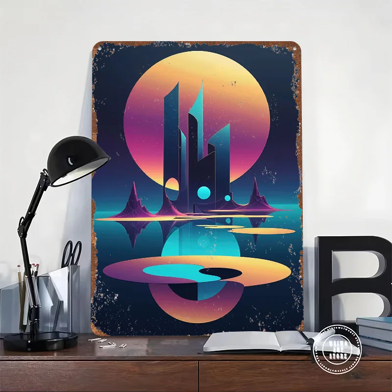 Neon Horizon: Futuristic Geometric Tinplate Poster Custom Wall Art Vintage Metal Signs Retro Tin Plaque for House Desk Decor