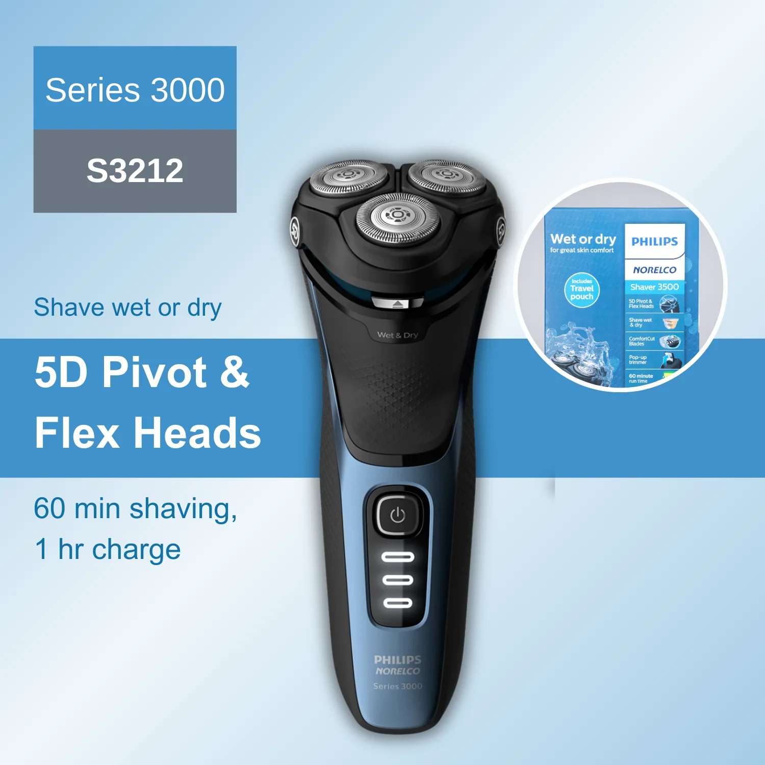 Philips Norelco Razor Series 3000 S3212, 5D Pivot & Flex Heads，Shave Wet or Dry, ComfortCut Blades，60 Min Shaving