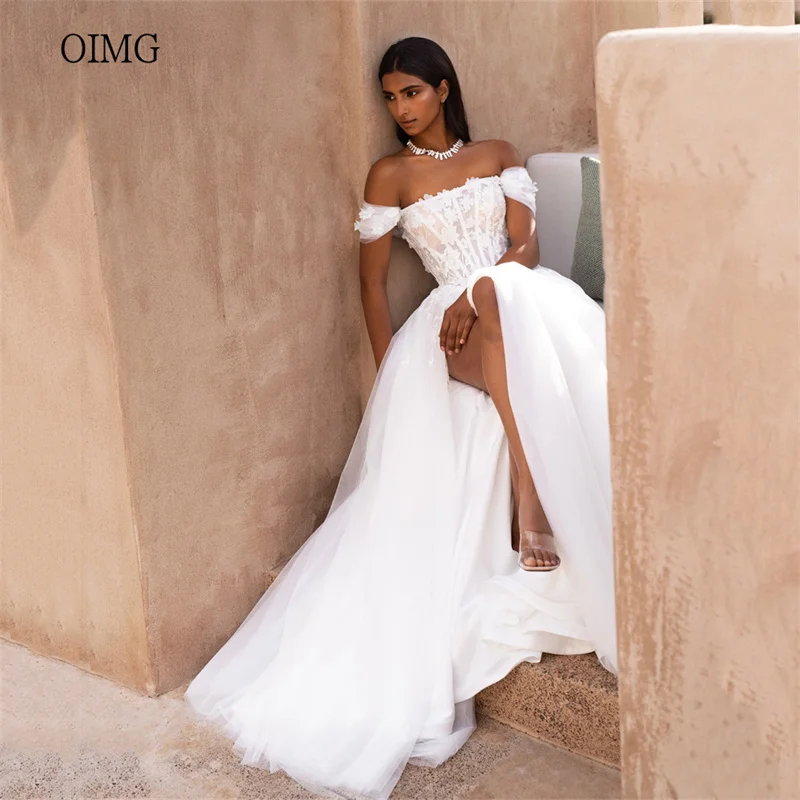 OIMG Luxury Ivory A-line Wedding Dress Off The Shoulder Bride Dresses High Side Split Wedding Gowns vestidos de novia