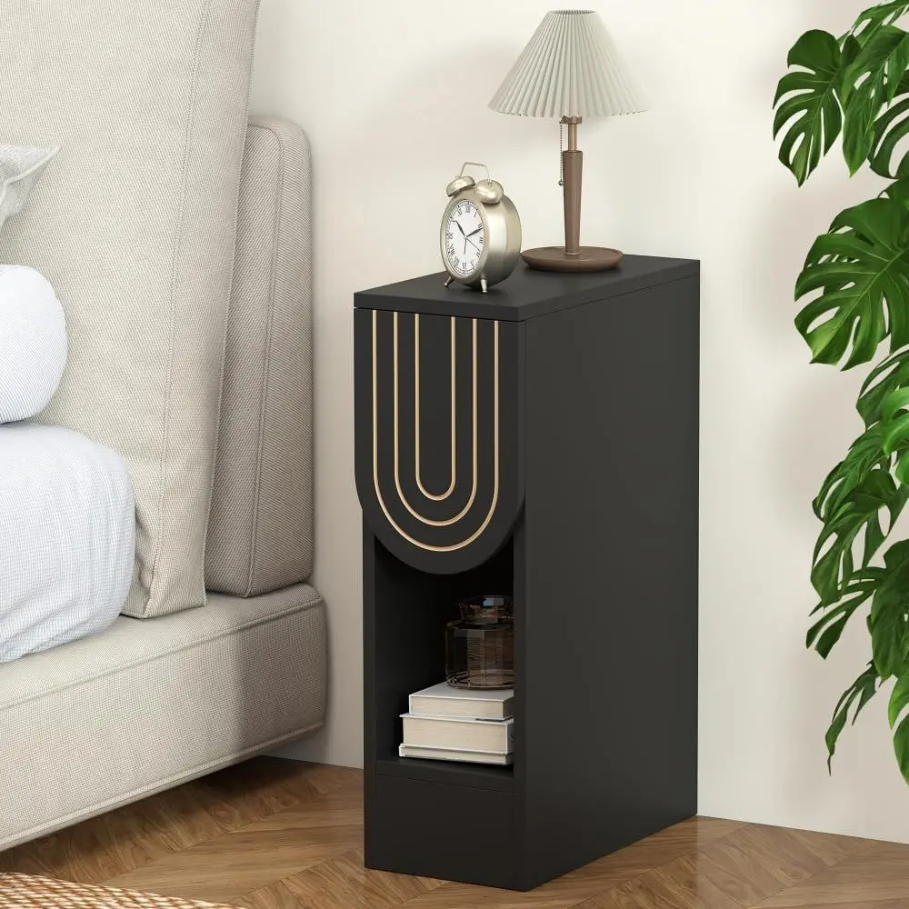

Elegant Black Wooden Nightstand with Carved Lines, Ideal for Small Spaces and Bedrooms