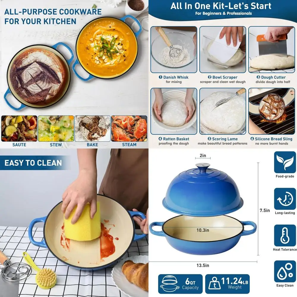 

6-Quart Cast Iron Dutch Oven with Proofing Basket, Silicone Sling, and Dough Whisk for Sourdough and Multipurpose Cooking