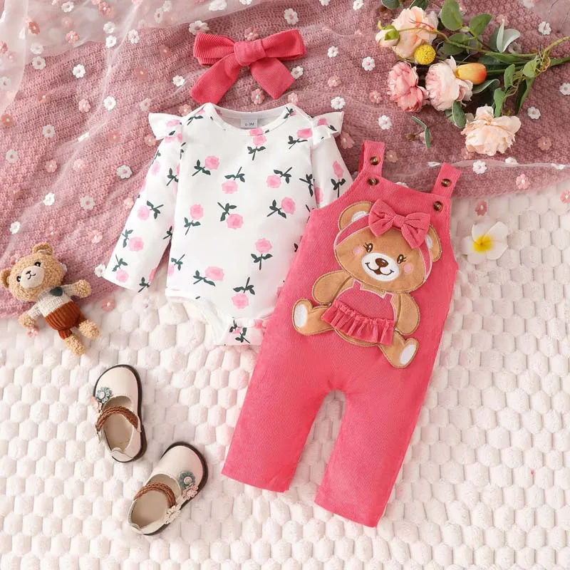 

Baby Clothes Girls 3Pcs Set 0-18 Months Printed Long Sleeve Bodysuit Cartoon Bear Suspenders Solid Color Pants Hairband Outfits