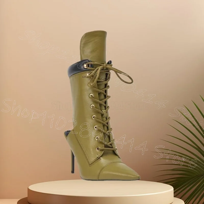 

Green Cross Tied Hollow Cut Heel Pointed Toe Boots Lace Up Women Shoes Thin High Heels New Party Dating 2026 Zapatos Para Mujere