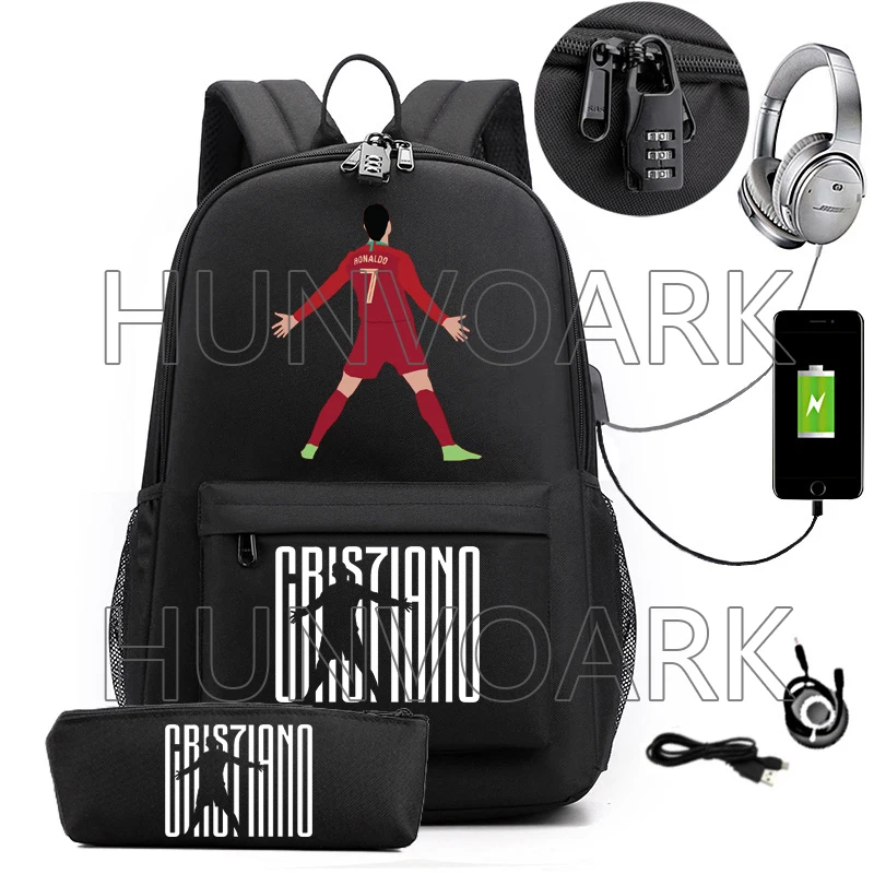 CR7 Mochila Laptop USB para Homens e Mulheres, Mochilas Escolares, Grande Capacidade, Impermeável, Carga USB Externa, Adolescentes Mochilas, 2PCs