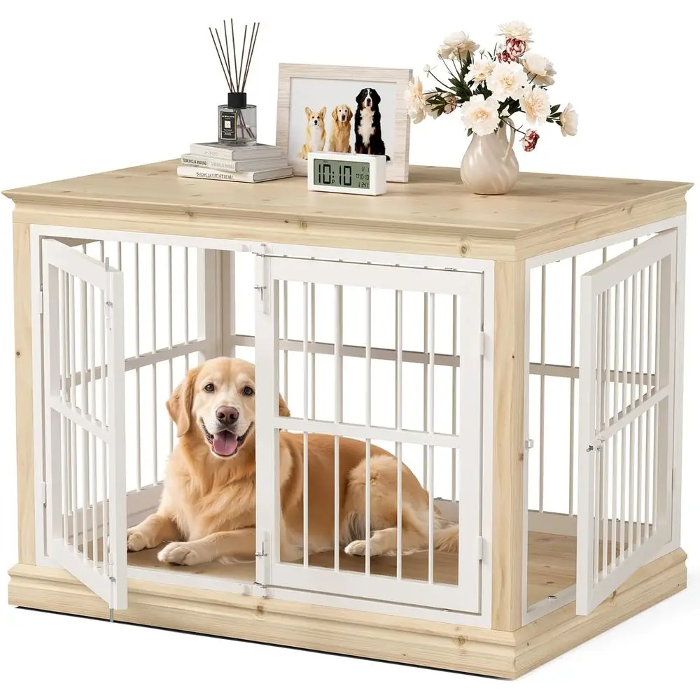 

Large 42 Solid Wood Dog Crate Sideboard & TV Stand, Chew-Proof and Silent Design, Suitable for Large and Medium Dogs, White & Na