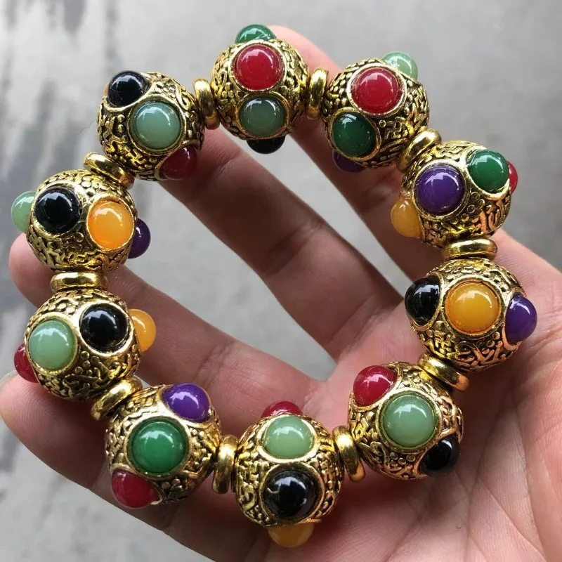 Retro Ethnic Style Tibetan Silver Inlaid Colorful Jade Multi-treasure Bracelet Bracelet Jewelry Miao Silver Jewelry