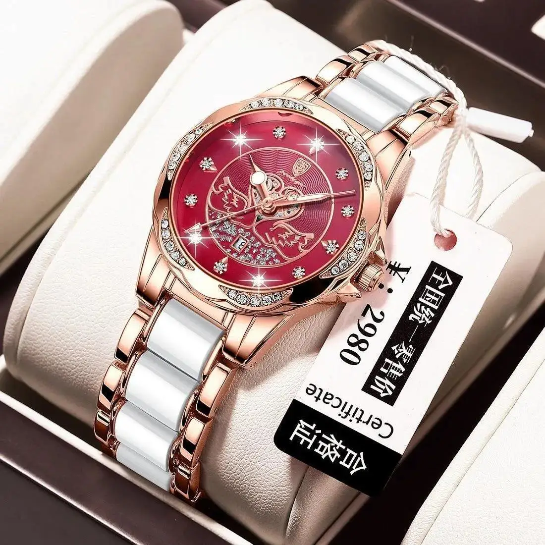 Women Rose Gold Two-Tone Quartz Watch, Sparkling Red Diamond Dial Stainless Steel Band Luminous Waterproof Wristwatch