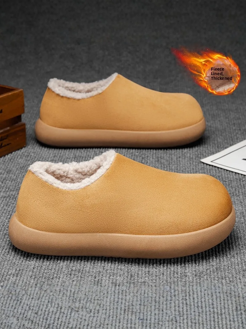  Men's Winter Fleece Lined Slip-On Warm Toe Cotton Slippers Teenagers One-Touch Casual Retro Anti-Slip Big Head Co...