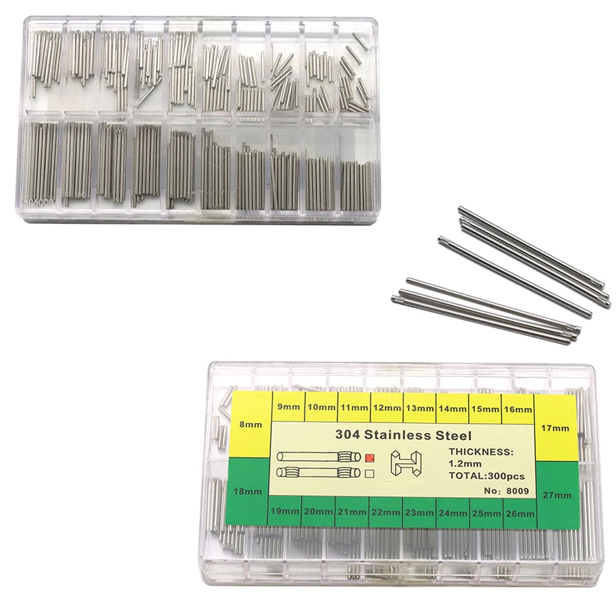 Piezas de reloj Correa de acero inoxidable 304 y eje de conexión de corona Crudo 1,2 mm Varios tamaños que rangan de 8-27 mm de longitud