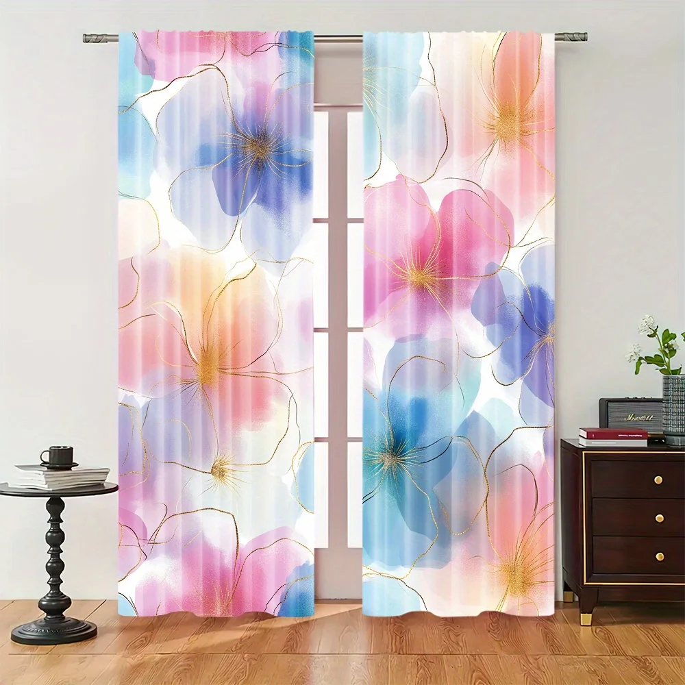 Elegant Abstract Watercolor Floral Curtains Panel Blush Pink Blue Modern Living Room Window Treatment Curtain Home Decor
