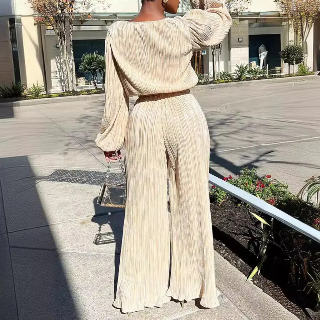 

Женский однотонный плиссированный комплект, высокоэластичный повседневный комплект из двух предметов с длинными рукавами, весенняя домашняя атмосфера