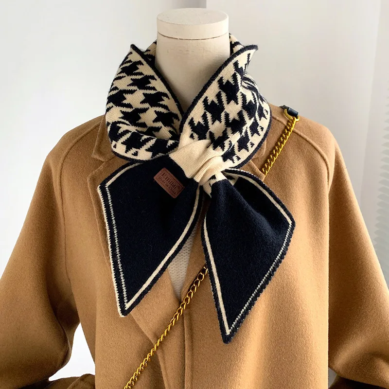 Women Winter Houndstooth Knitted Neck Warmer, Korean Fashion Student Warm Decor Small Scarf