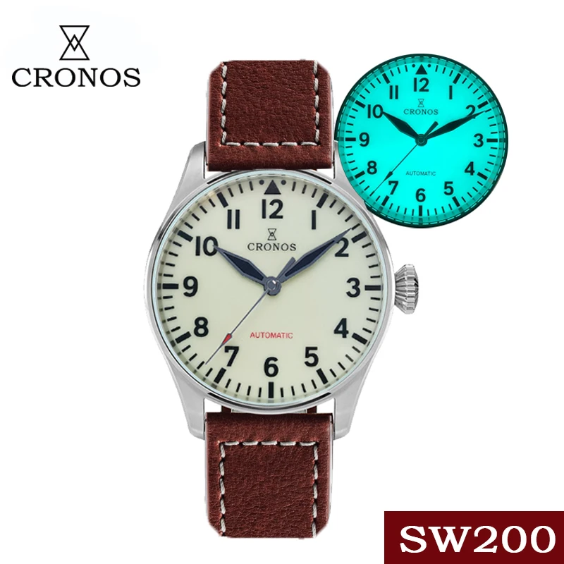 Cronos Pilot Flieger Mechanical Watch For Men Stainless Steel Blue Light Luminous Sapphire Crystal Skeleton Back Leather Strap