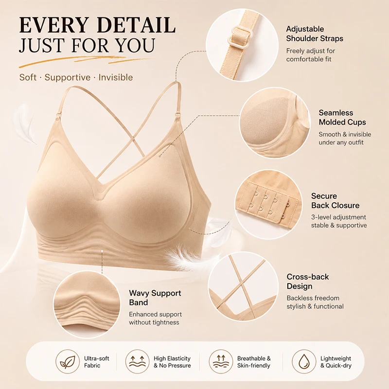 3 Ways To Wear Cross Back Seamless Bra Women Wireless Padded Invisible Backless Brassiere Adjustable Thin Strap Push Up Lingerie