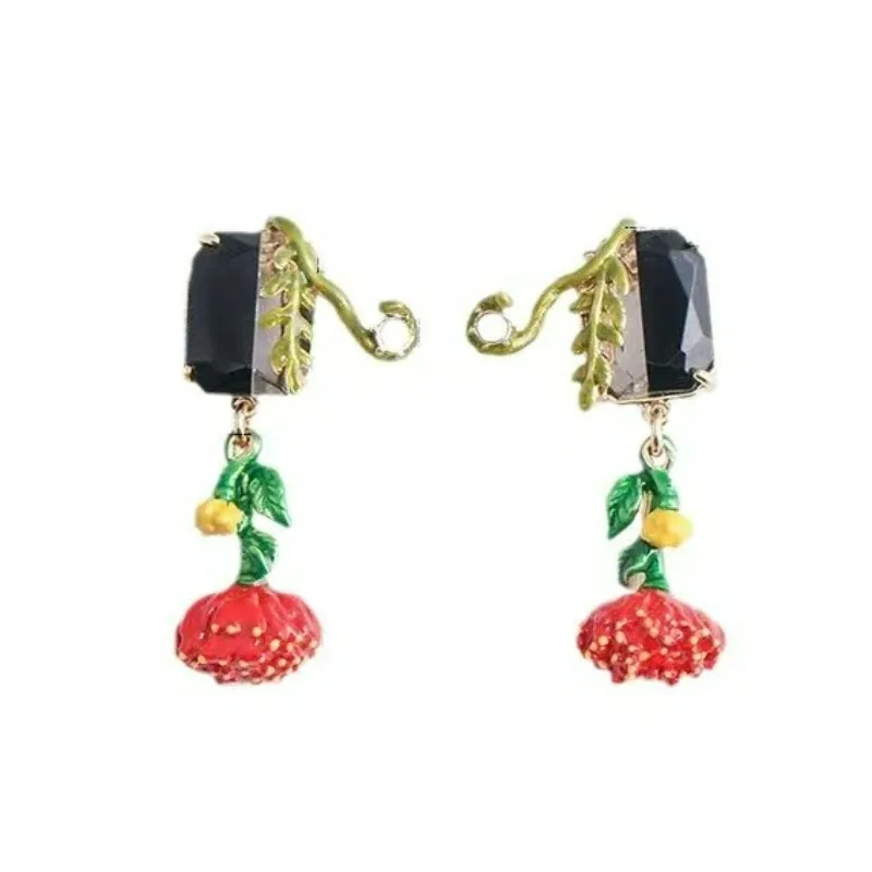 French Style Small Bohemia Red Peony Flower Pendant Rectangle Black Synthetic Stone Green Leaf Enamel Female Earrings